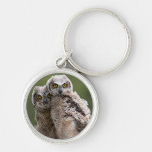 Two Baby Great Horned Owls Keychain