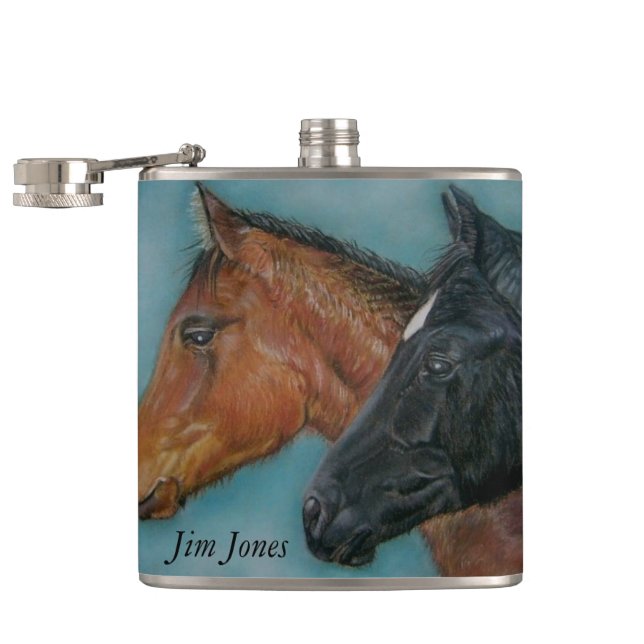 Two baby horses black foal chestnut foal portrait  flask (Opened)