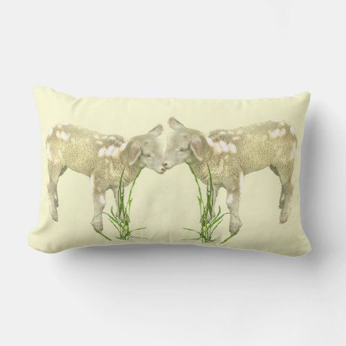 Two Baby Lambs on Yellow Lumbar Outdoor Pillow
