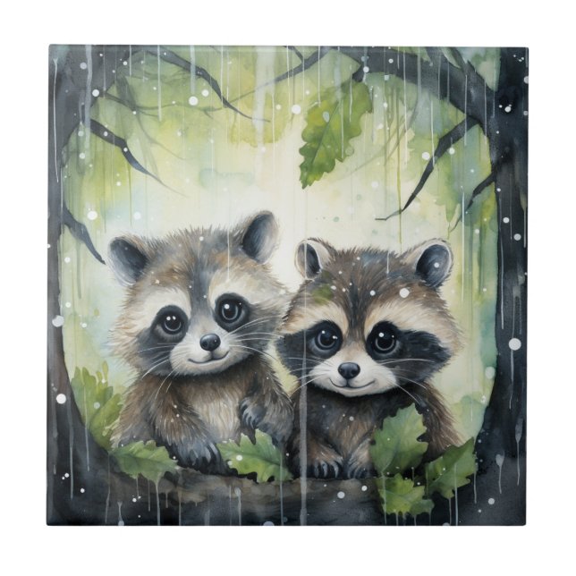 Two Baby Raccoons in the Rain Ceramic Tile (Front)
