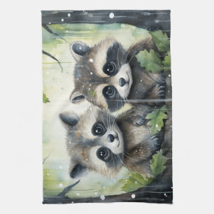 Two Baby Raccoons in the Rain Kitchen Towel