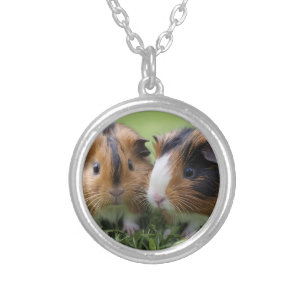 Two Baby Tortoiseshell Guinea Pigs, Silver Plated Necklace