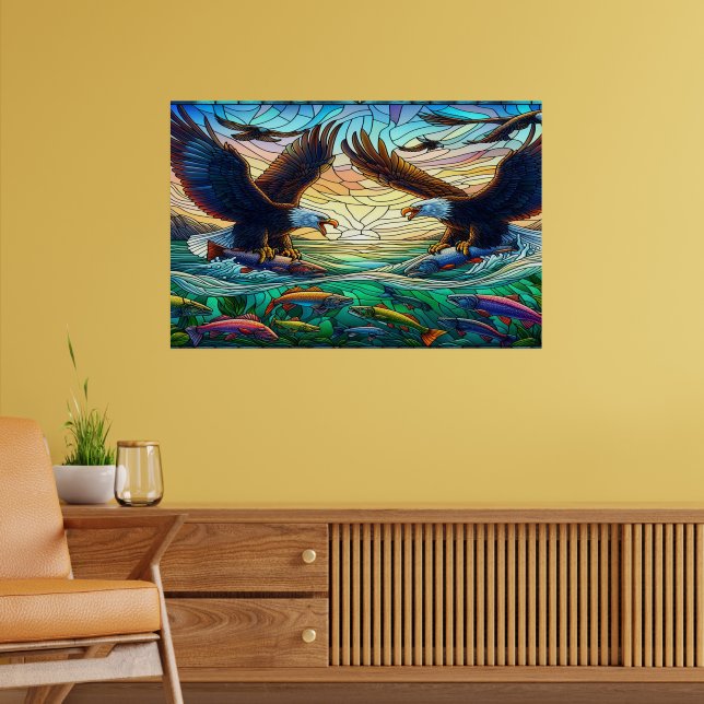 Two Bald Eagles Catching Fish Over a Vibrant River Poster (Living Room 2)