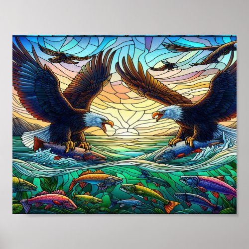 Two Bald Eagles Catching Fish Over water 10x8 Poster