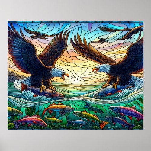 Two Bald Eagles Catching Fish Over water 20x16 Poster