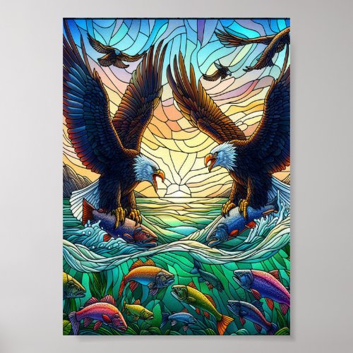 Two Bald Eagles Catching Fish Over water 5x7 Poster