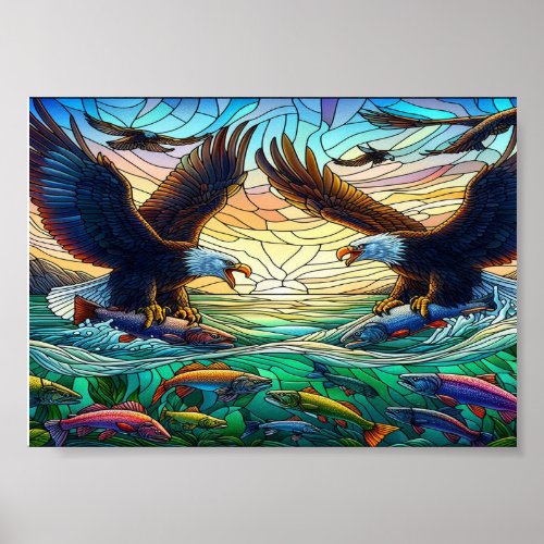 Two Bald Eagles Catching Fish Over water 7x5 Poster