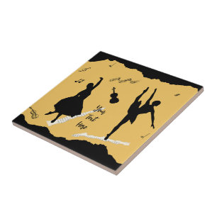 Two Ballet Dancers and Music on Golden Beige Color Ceramic Tile