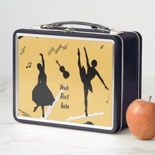 Two Ballet Dancers and Music on Golden Beige Color Metal Lunch Box