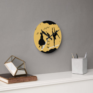 Two Ballet Dancers and Music on Golden Beige Color Round Clock