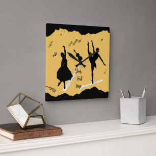 Two Ballet Dancers and Music on Golden Beige Color Square Wall Clock