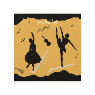 Two Ballet Dancers and Music on Golden Beige Color Wood Wall Art