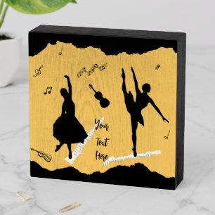 Two Ballet Dancers and Music on Golden Beige Color Wooden Box Sign