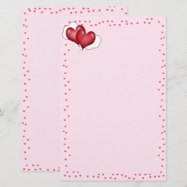 Two Balloon Hearts Valentine Love Stationery (Front/Back)