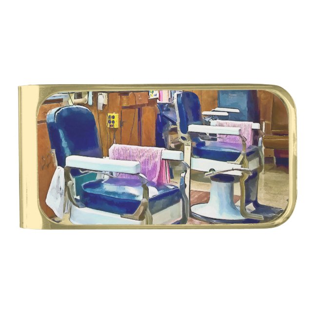 Two Barber Chairs With Pink Striped Barber Capes Gold Finish Money Clip (Front)