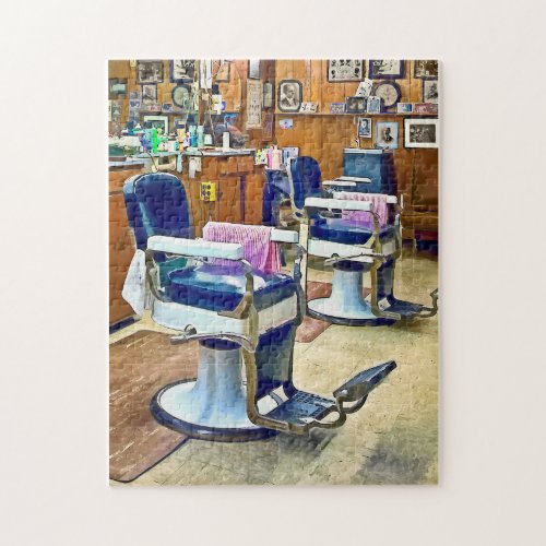 Two Barber Chairs With Pink Striped Barber Capes Jigsaw Puzzle