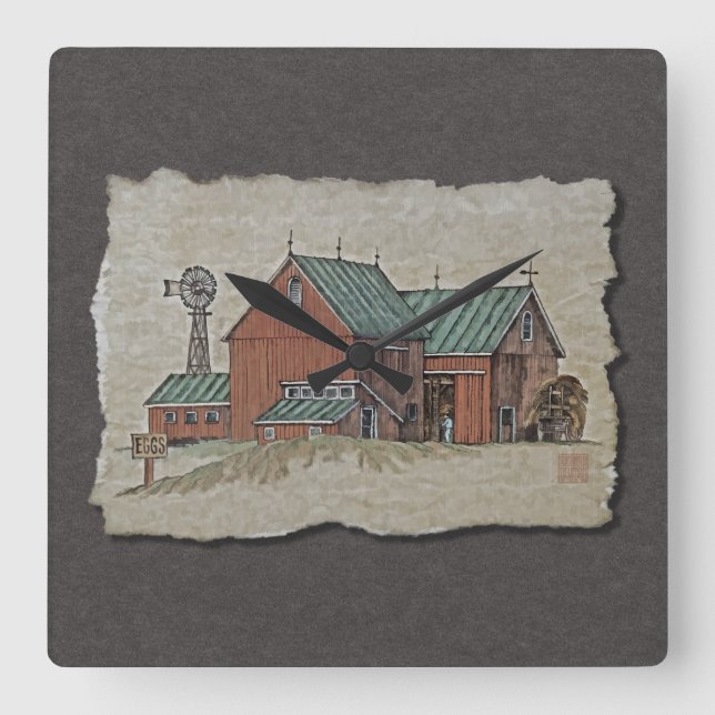 Two Barns & Hay Wagon Square Wall Clock (Front)