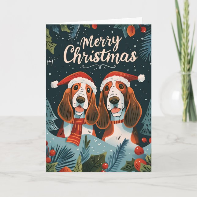 Two Basset Hound Merry Christmas Personalized Holiday Card (Front)