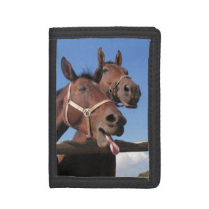 Two Bay Horses, Horse Sticking Out Tongue Tri-fold Wallet