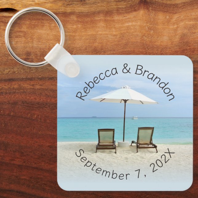 Two Beach Chairs Custom Wedding Key Ring Favors (Front)