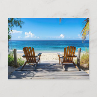 Two beach chairs on a wooden pontoon facing the se postcard