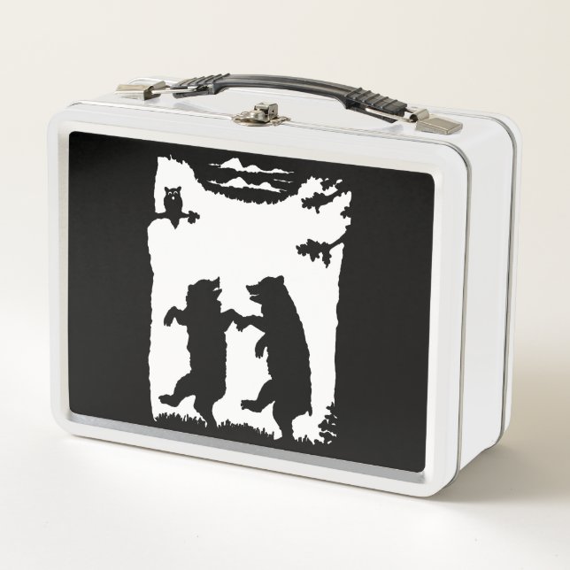 Two Bears Dancing in Woods Owl in Tree Silhouette Metal Lunch Box (Front)