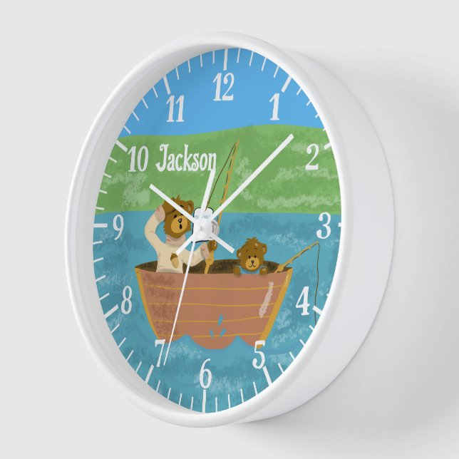 Two Bears Fishing Nursery Room Acrylic Wall Clock (Angle)