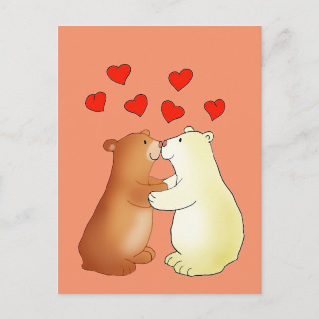 Two bears kissing and love hearts postcard (Front)