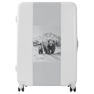 Two bears, mother and baby, hiking along beautiful luggage