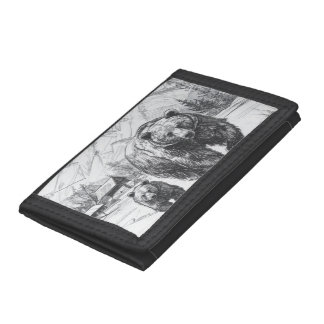 Two bears, mother and baby, hiking along beautiful tri-fold wallet