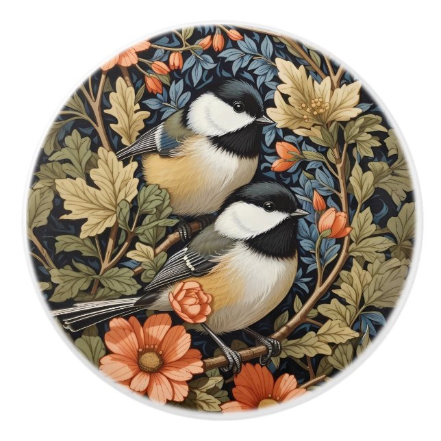 Two Beautiful Black-Capped Chickadees Ceramic Knob (Front)