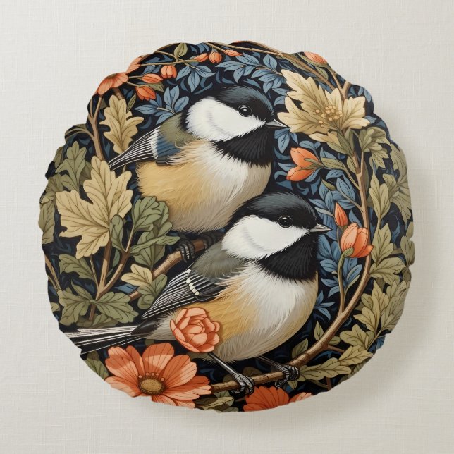 Two Beautiful Black-Capped Chickadees Round Pillow (Front)