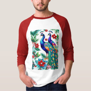 Two Beautiful Christmas Peacocks With Poinsettias T-Shirt