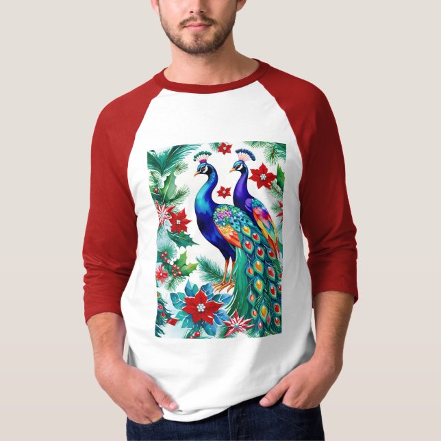 Two Beautiful Christmas Peacocks With Poinsettias T-Shirt (Front)
