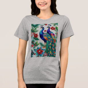 Two Beautiful Christmas Peacocks With Poinsettias Tri-Blend Shirt