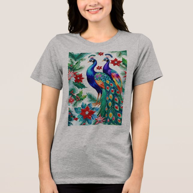 Two Beautiful Christmas Peacocks With Poinsettias Tri-Blend Shirt (Front)
