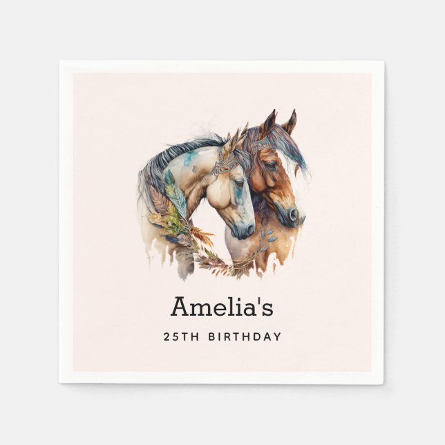 Two Beautiful Horses Western Boho Birthday Napkins (Front)