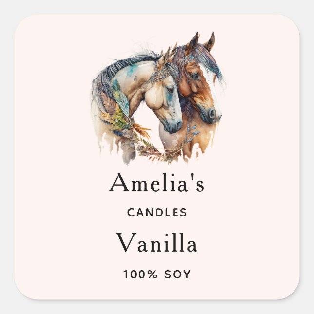 Two Beautiful Horses Western Boho Candle Business Square Sticker (Front)