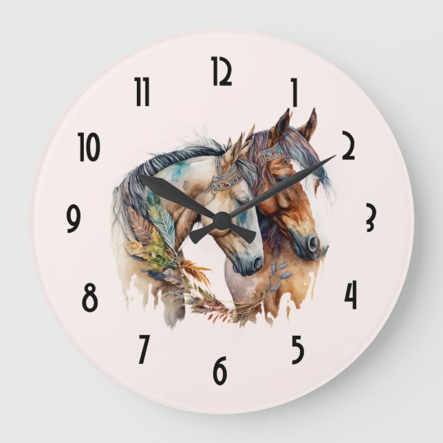 Two Beautiful Horses Western Boho Large Clock (Front)