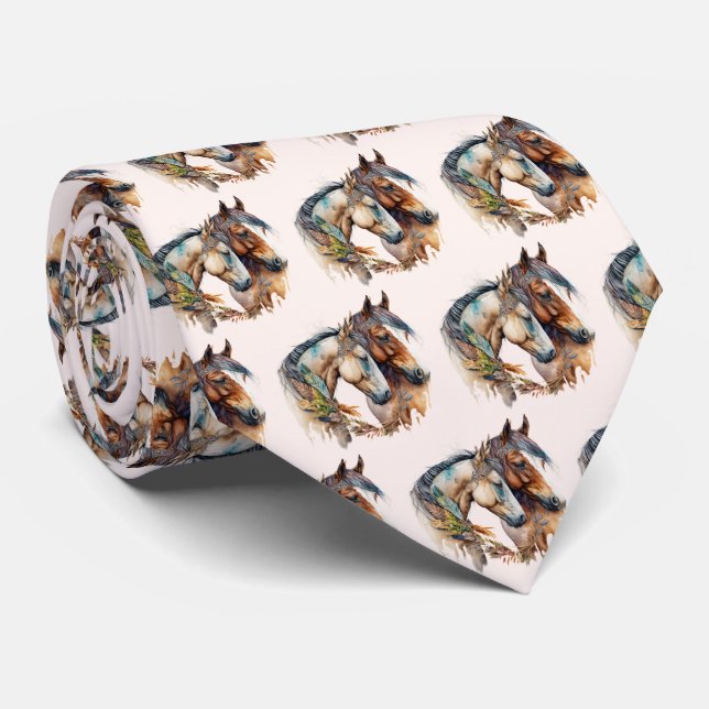 Two Beautiful Horses Western Boho Pattern Neck Tie (Rolled)