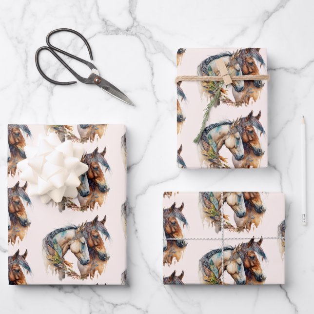 Two Beautiful Horses Western Boho Pattern Wrapping Paper Sheets (Front)