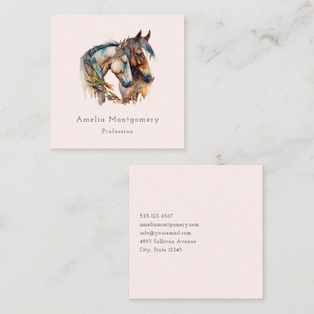 Two Beautiful Horses Western Boho Square Business Card (Front/Back)
