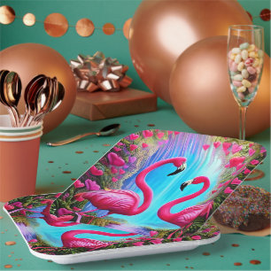 Two beautiful Pink Flamingoes In Love Graphic Paper Plates