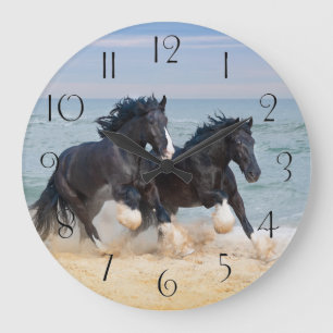 Two Beautiful Shire Horses Running Along The Beach Large Clock