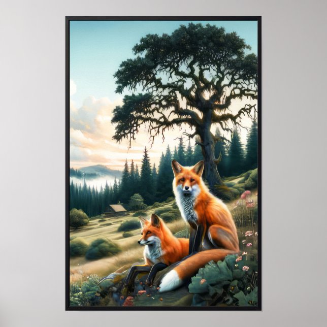 Two Beautiful Watercolor Red Foxes Resting Poster (Front)