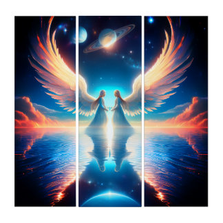 Two Beautiful White Angels With Outstretched Wings Triptych