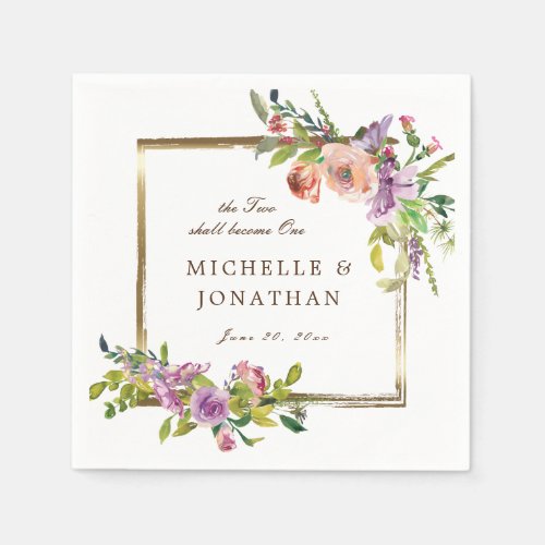 Two Become One Elegant Roses Gold Frame Wedding Napkins