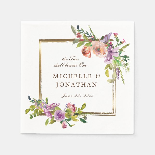 Two Become One Elegant Roses Gold Frame Wedding Napkins (Front)