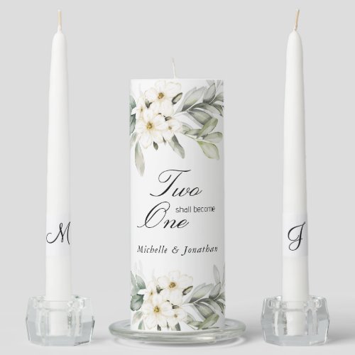 Two Become One Elegant White Floral Wedding Unity Candle Set