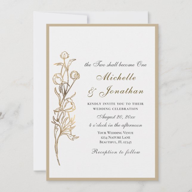 Two Become One Gold Flowers Christian Wedding Invitation (Front)